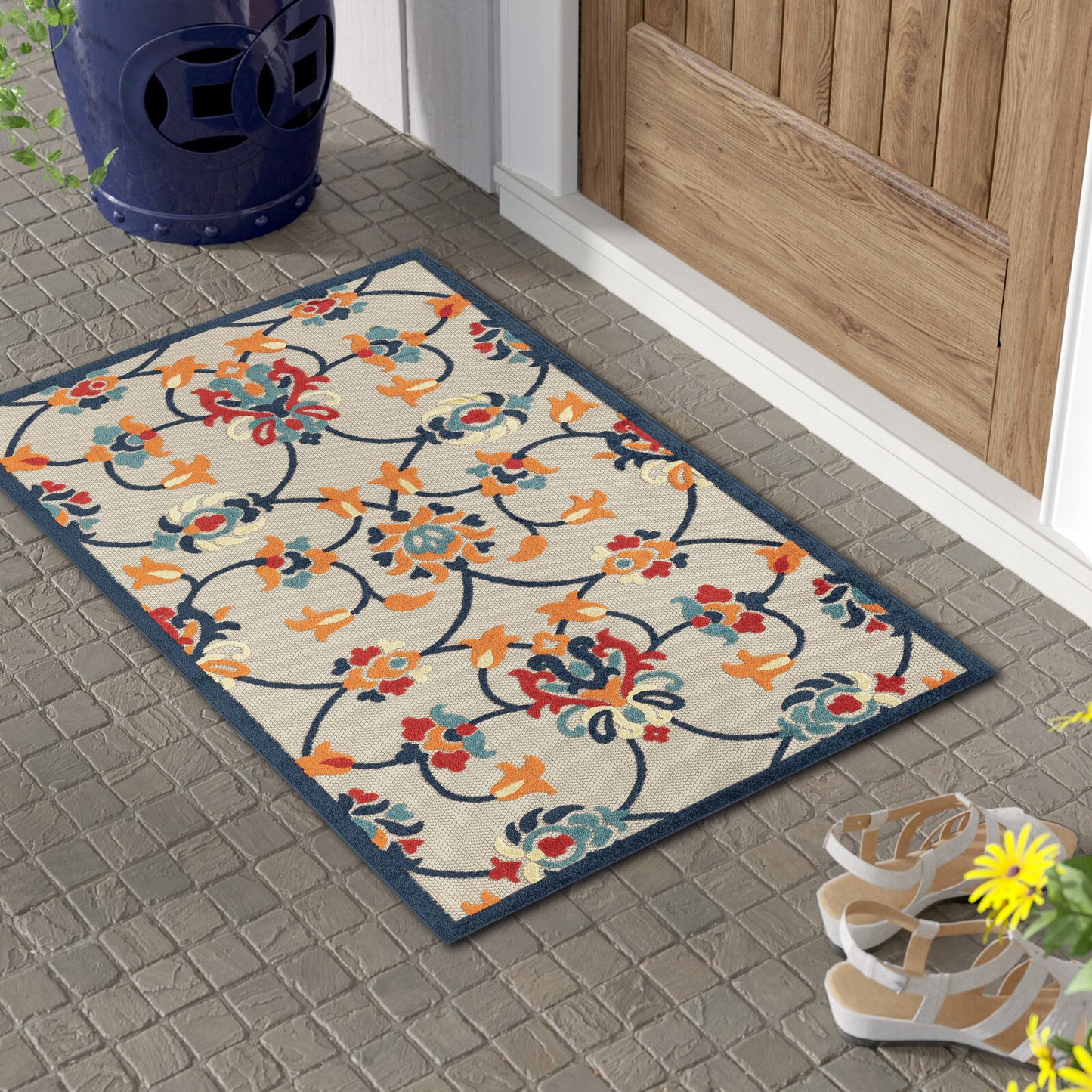 Copa Cabana-81814 Contemporary Power-Loomed Orange/Blue Polypropylene Indoor/Outdoor Area Rug - LR Home