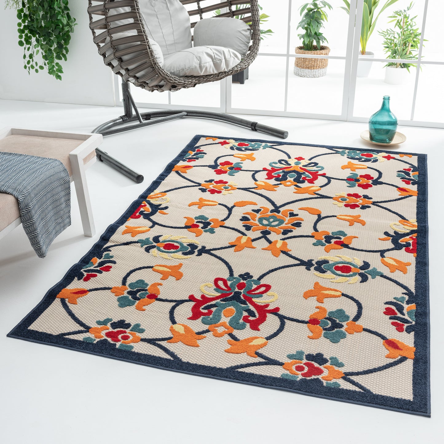 Copa Cabana-81814 Contemporary Power-Loomed Orange/Blue Polypropylene Indoor/Outdoor Area Rug - LR Home