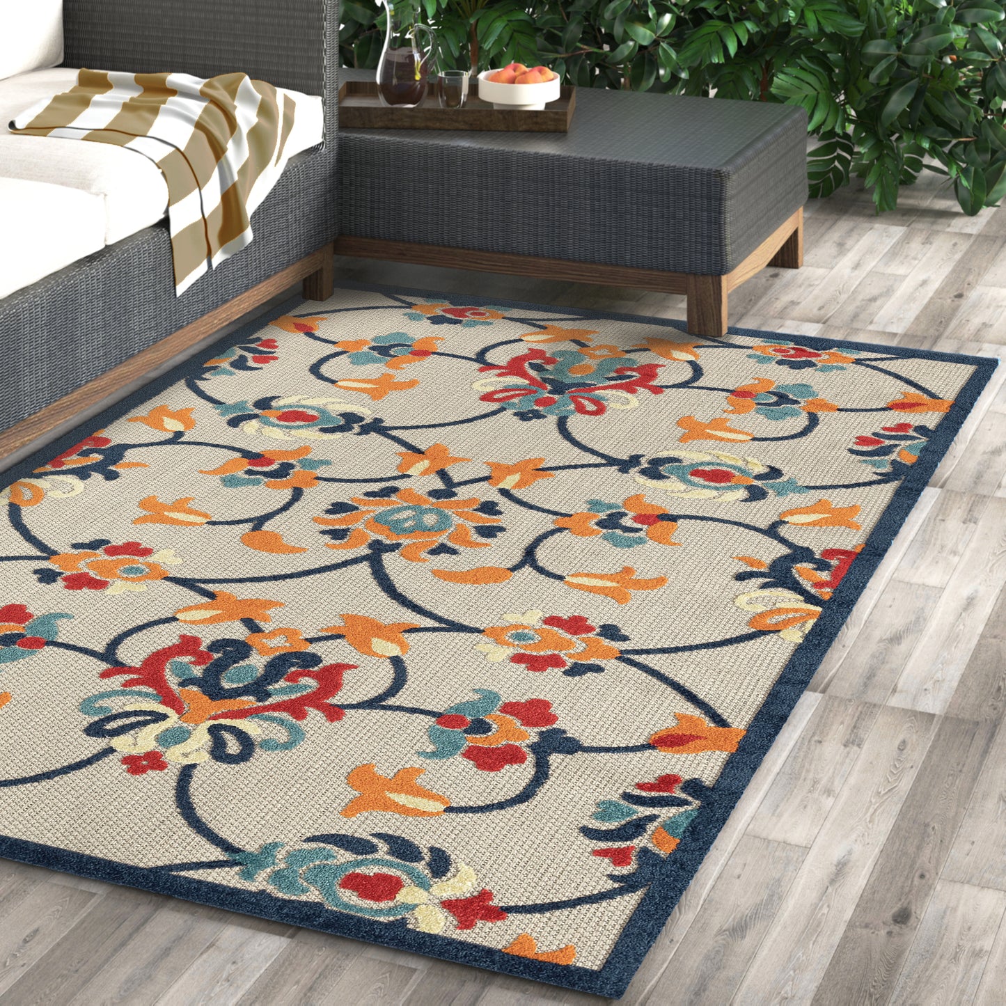 COPAC-81813 Classic/Traditional Machine Made Navy/Orange/Red/Off-White Polypropylene Indoor/Outdoor Area Rugs - LR Home