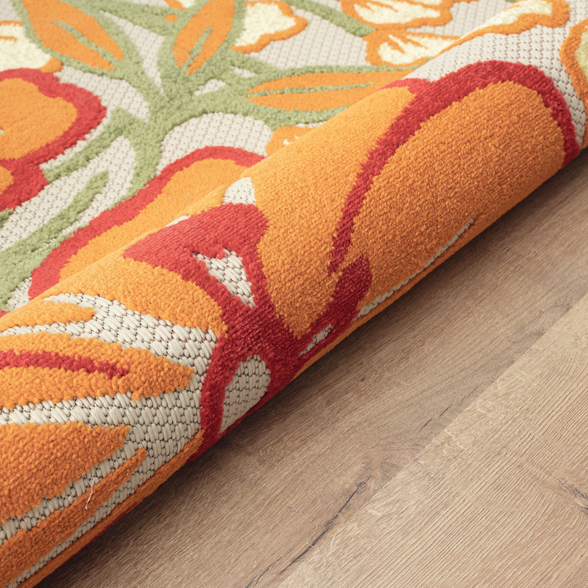 Ox Bay Orange Tropical Hibiscus Flower Hi-Low Indoor/Outdoor Area Rug - close-up detail