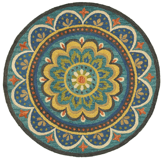 Teal/Multicolor Contemporary Floral Hand-Tufted Wool Indoor Round Rug - Silo view