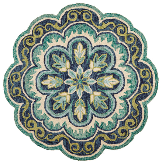 Green/Blue Transitional Floral Hand-Tufted Wool Indoor Round Rug - Silo view
