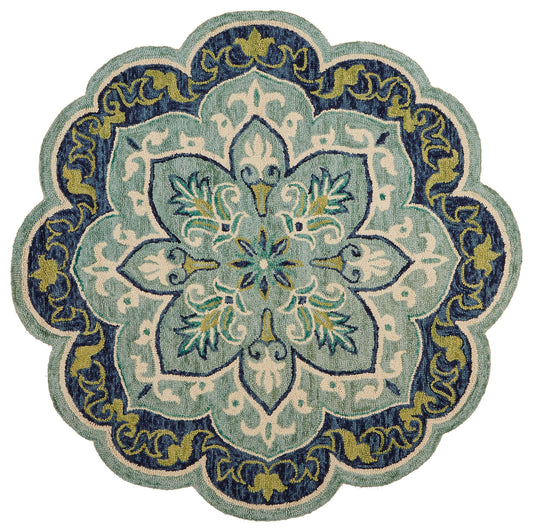 Blue/Green Classic Floral Hand-Tufted Wool Indoor Round Rug - Silo view