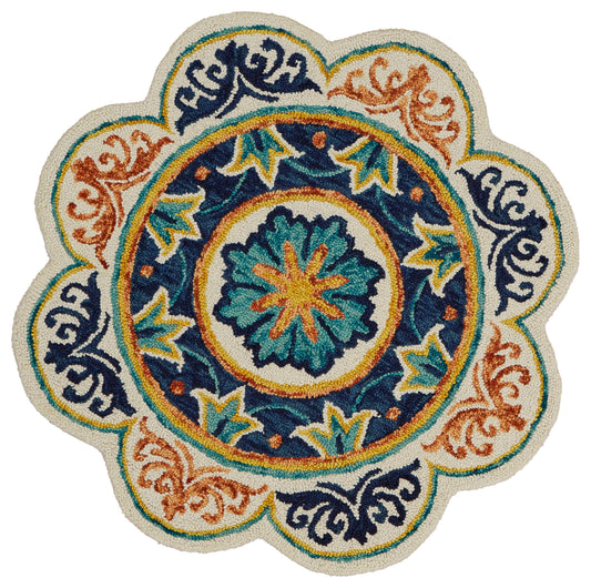 Blue/Orange Eclectic Medallion Hand-Tufted Wool Indoor Round Rug - Silo view