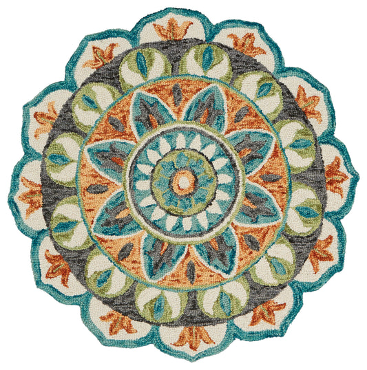 Rust/Teal Classic Floral Hand-Tufted Wool Indoor Round Rug - Silo view