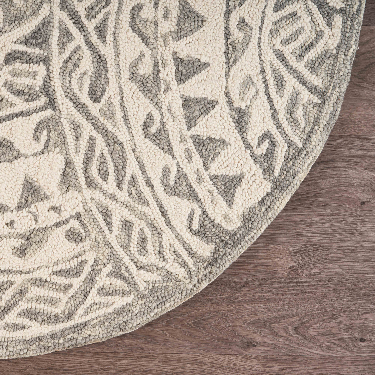 Gray/Cream Transitional Aztec Hand-Tufted Wool Indoor Round Rug - side angle view