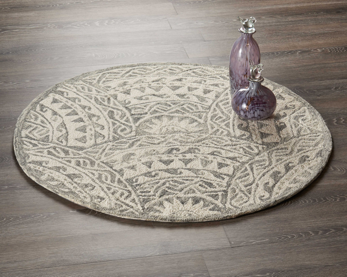 Gray/Cream Transitional Aztec Hand-Tufted Wool Indoor Round Rug - color swatch