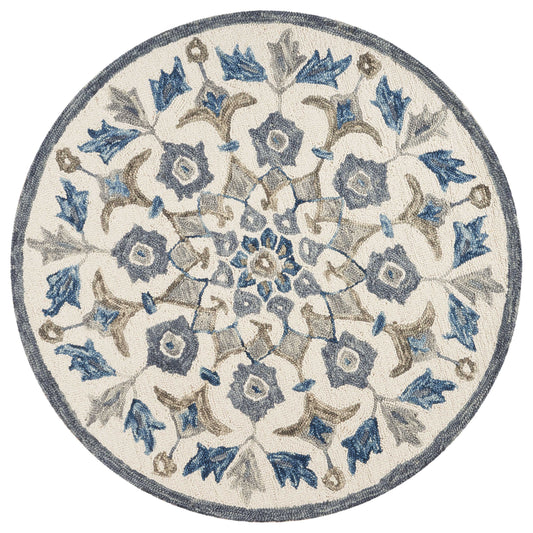 Blue/Cream Cottage Floral Hand-Tufted Wool Indoor Round Rug - Silo view