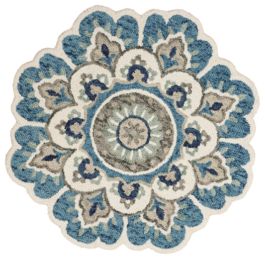 Ivory/Teal Bohemian Floral Hand-Tufted Wool Indoor Round Rug - Silo view