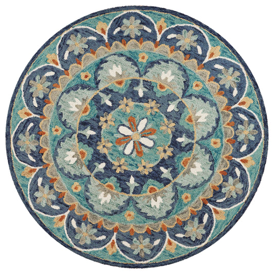 Teal/Multicolor Intricate Floral Hand-Tufted Wool Indoor Round Rug - Silo view