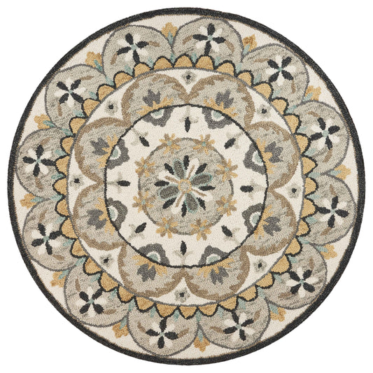 Taupe/Cream Intricate Floral Hand-Tufted Wool Indoor Round Rug - Silo view