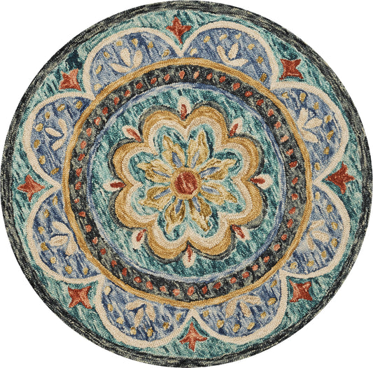 Teal/Blue Distressed Floral Hand-Tufted Wool Indoor Round Rug - Silo view