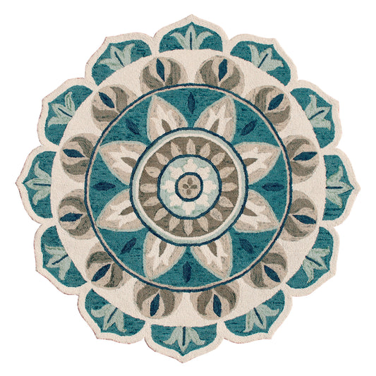 Aqua Blue/Gray Bohemian Floral Hand-Tufted Wool Round Rug - Silo view