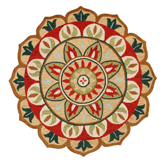 Red/Green Bohemian Floral Wool Hand-Tufted Wool Round Rug - Silo view