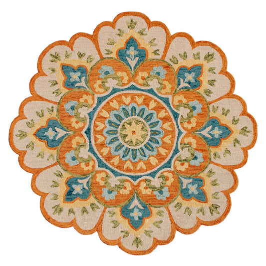 Rust/Aqua Blue Bohemian Floral Hand-Tufted Wool Round Rug - Silo view