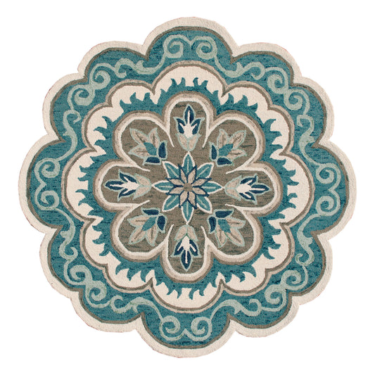 Aqua Blue/Gray Bohemian Medallion Hand-Tufted Wool Round Rug - Silo view
