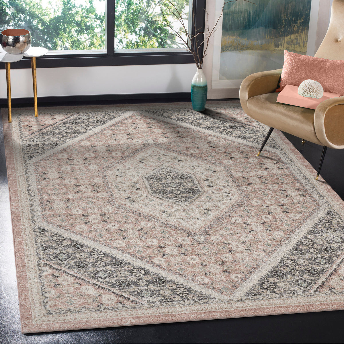 Ox Bay Blush/Cream Oriental Floral Medallion Indoor Area Rug - lifestyle view
