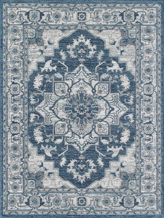 Dahlia 1401 Ivory/Blue Medallion Machine Woven Performance Area Rug - KAS