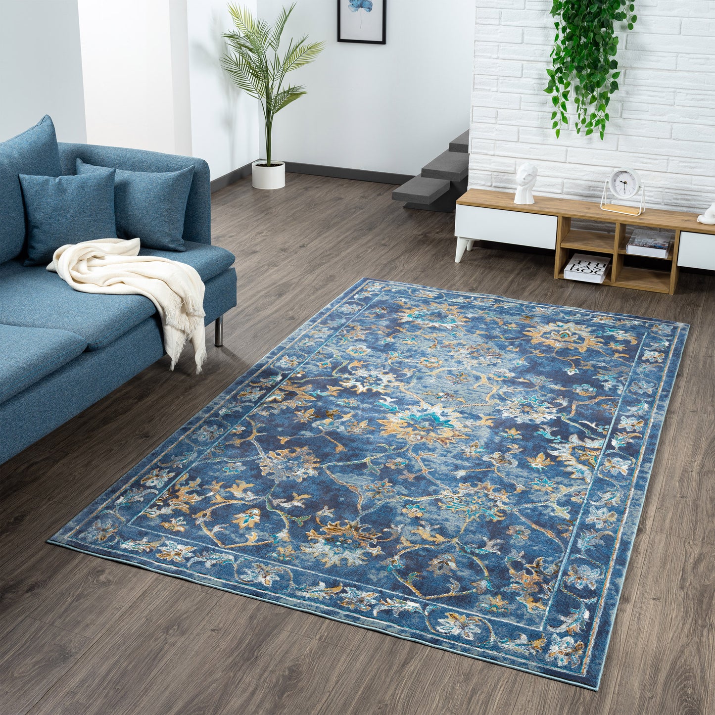 Gala-81275 Farmhouse Power-Loomed Indigo Blue/Multi Cotton Indoor Area Rug - LR Home