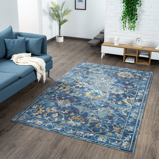 Gala-81275 Farmhouse Power-Loomed Indigo Blue/Multi Cotton Indoor Area Rug - LR Home
