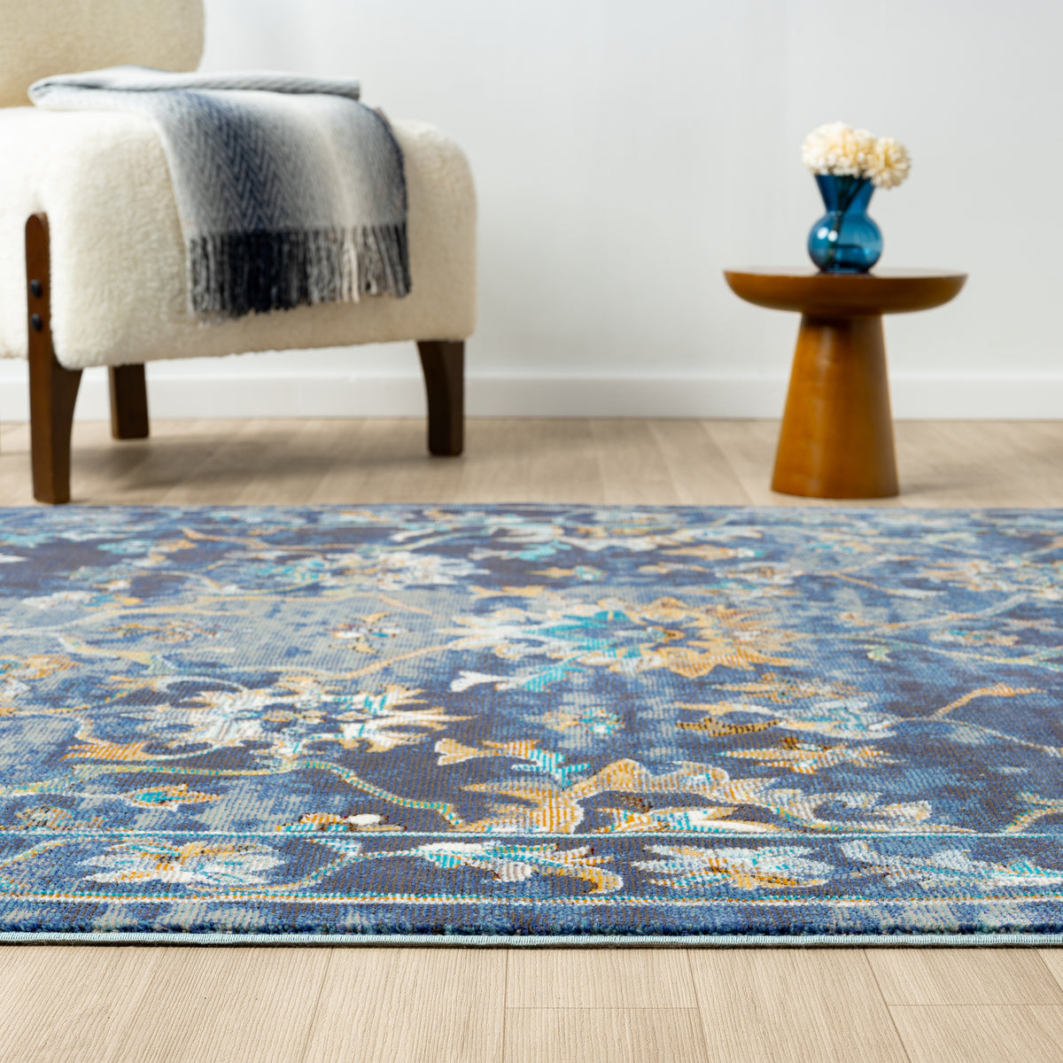 Ox Bay Indigo Blue/Multicolor Oriental Floral Indoor Area Rug - side angle view