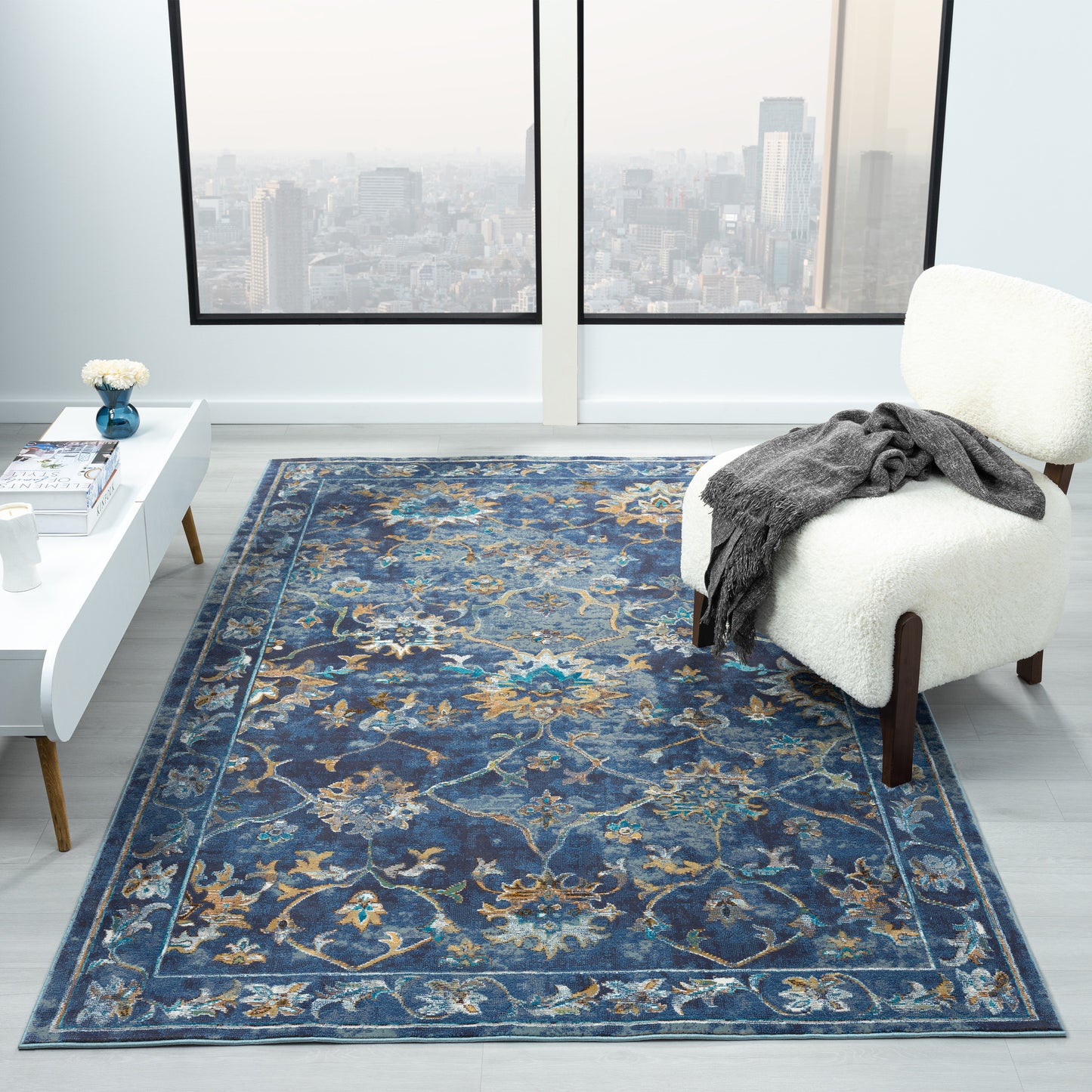 Gala-81275 Farmhouse Power-Loomed Indigo Blue/Multi Cotton Indoor Area Rug - LR Home