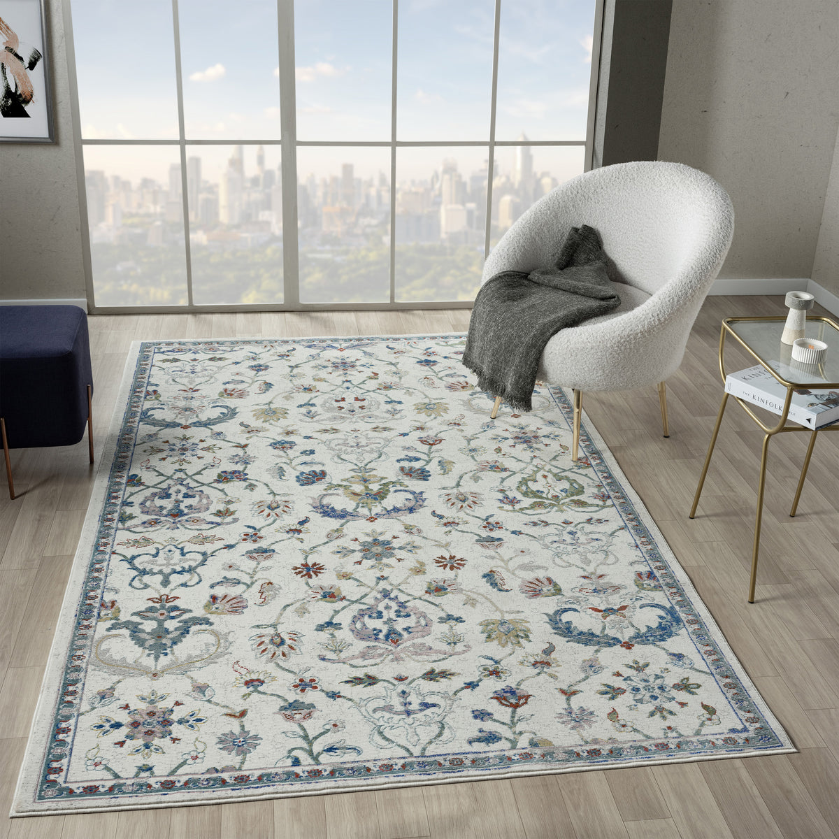 Ivory/Blue Bordered Traditional Indoor Area Rug - lifestyle view