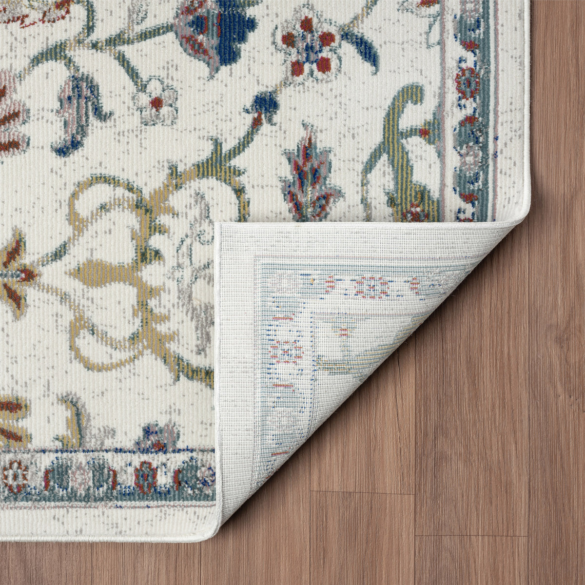 Ivory/Blue Bordered Traditional Indoor Area Rug - back view