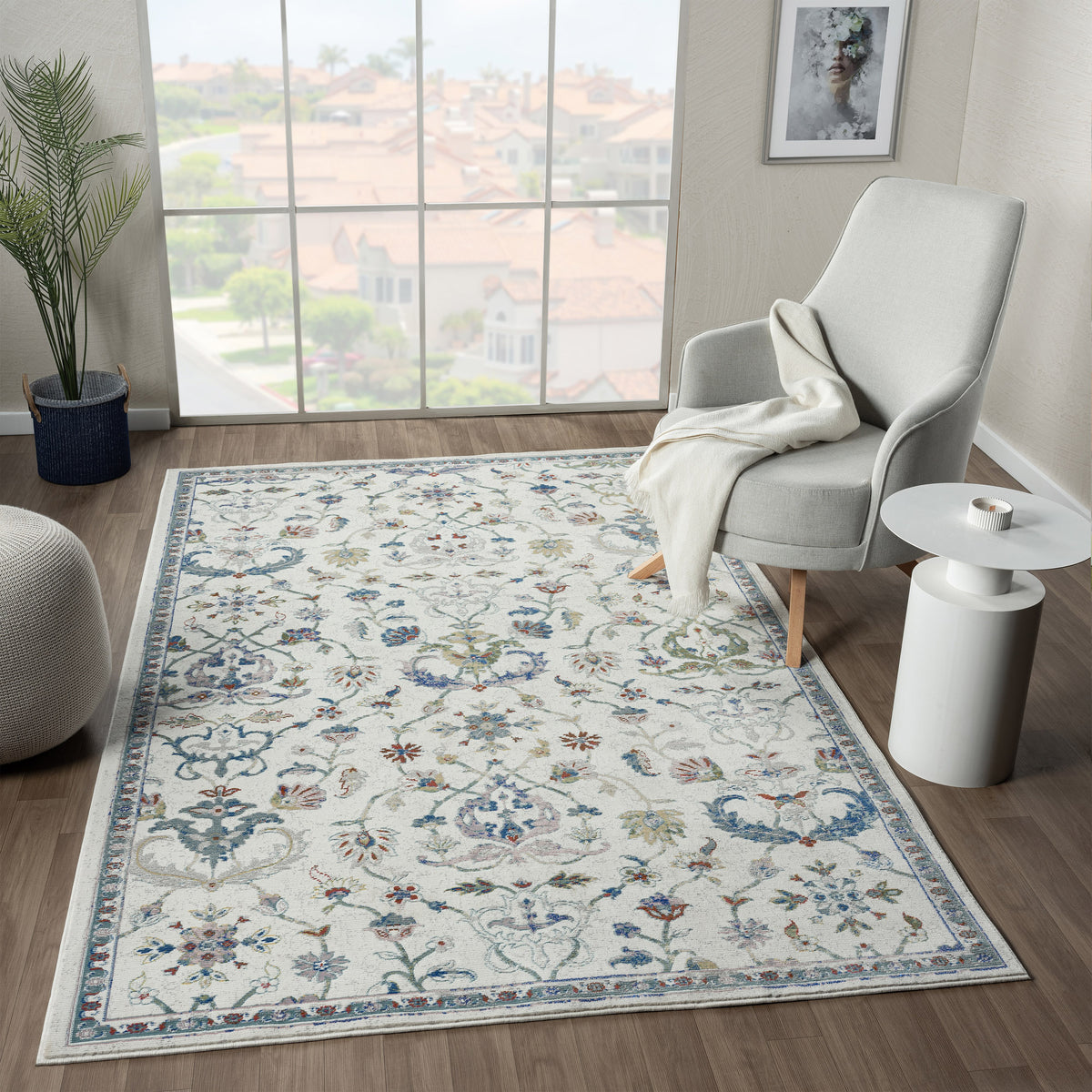 Ivory/Blue Bordered Traditional Indoor Area Rug - lifestyle view 2