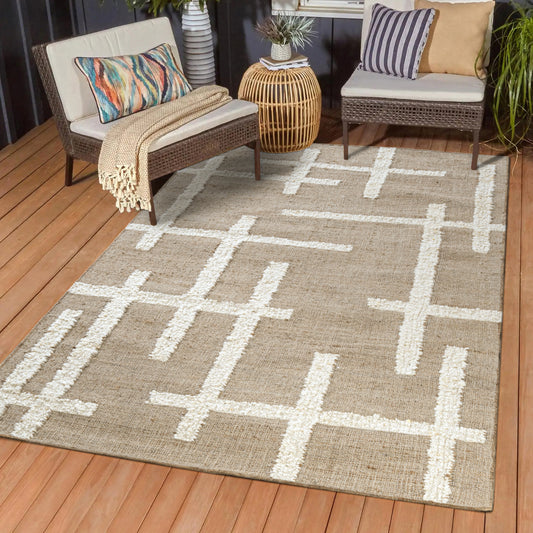 Geoblend-82519 Contemporary Hand-Woven Natural/Ivory Cotton Indoor Area Rug - LR Home