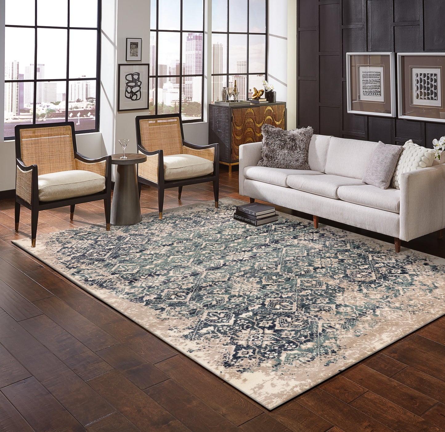 Heritage 9372 Ivory/Blue Anna Machine Woven Performance Area Rug - KAS