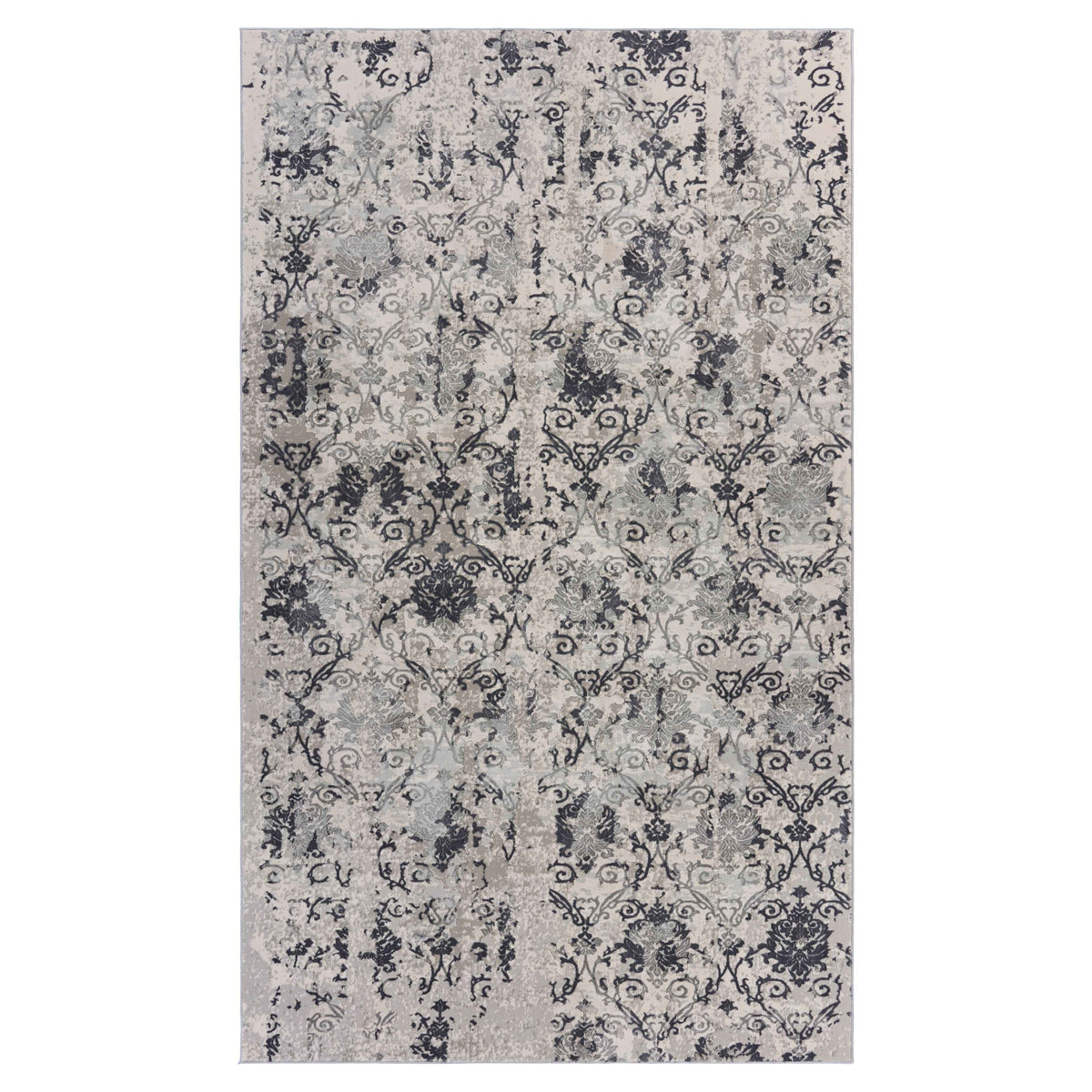 Neutral Distressed Damask Contemporary Area Rug - Silo view