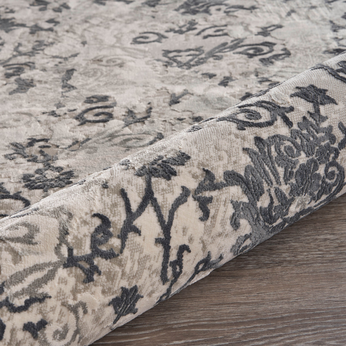 Neutral Distressed Damask Contemporary Area Rug - corner view