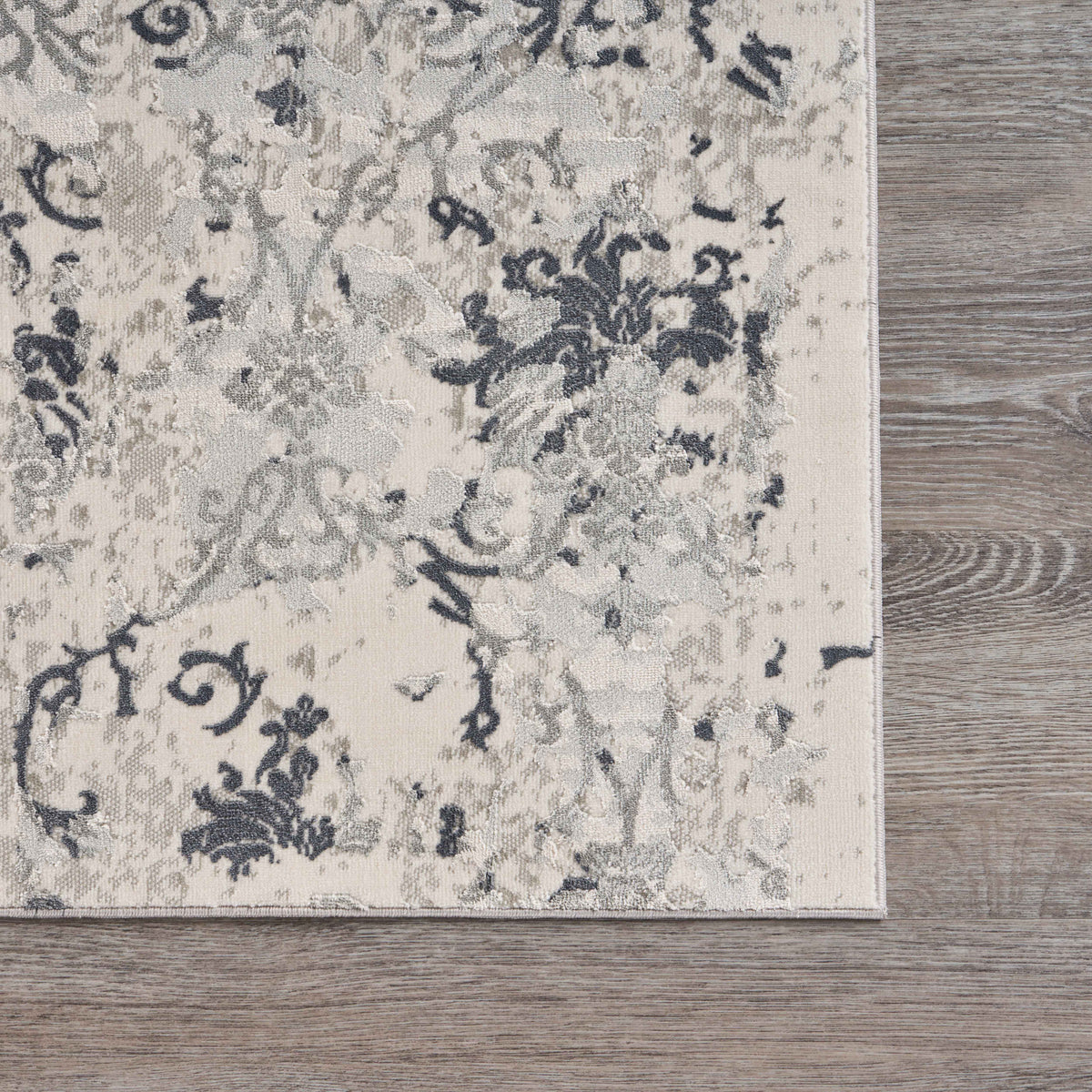 Neutral Distressed Damask Contemporary Area Rug - back view