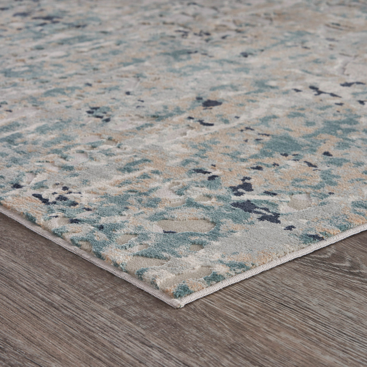 Neutral Distressed Abstract Contemporary Runner Rug - side angle view
