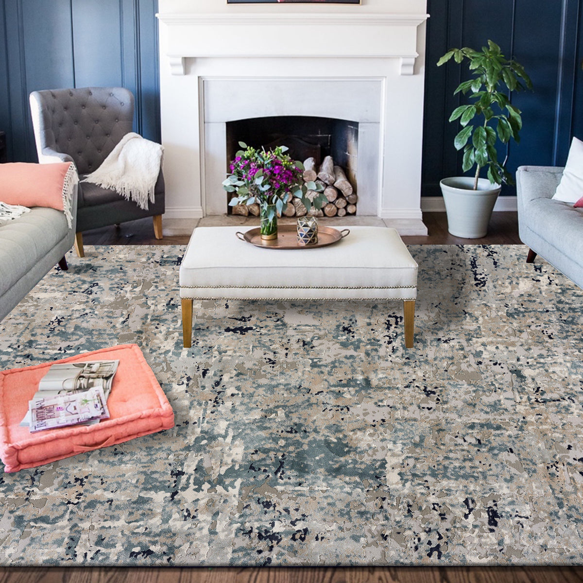 Neutral Distressed Abstract Contemporary Runner Rug - lifestyle view 2
