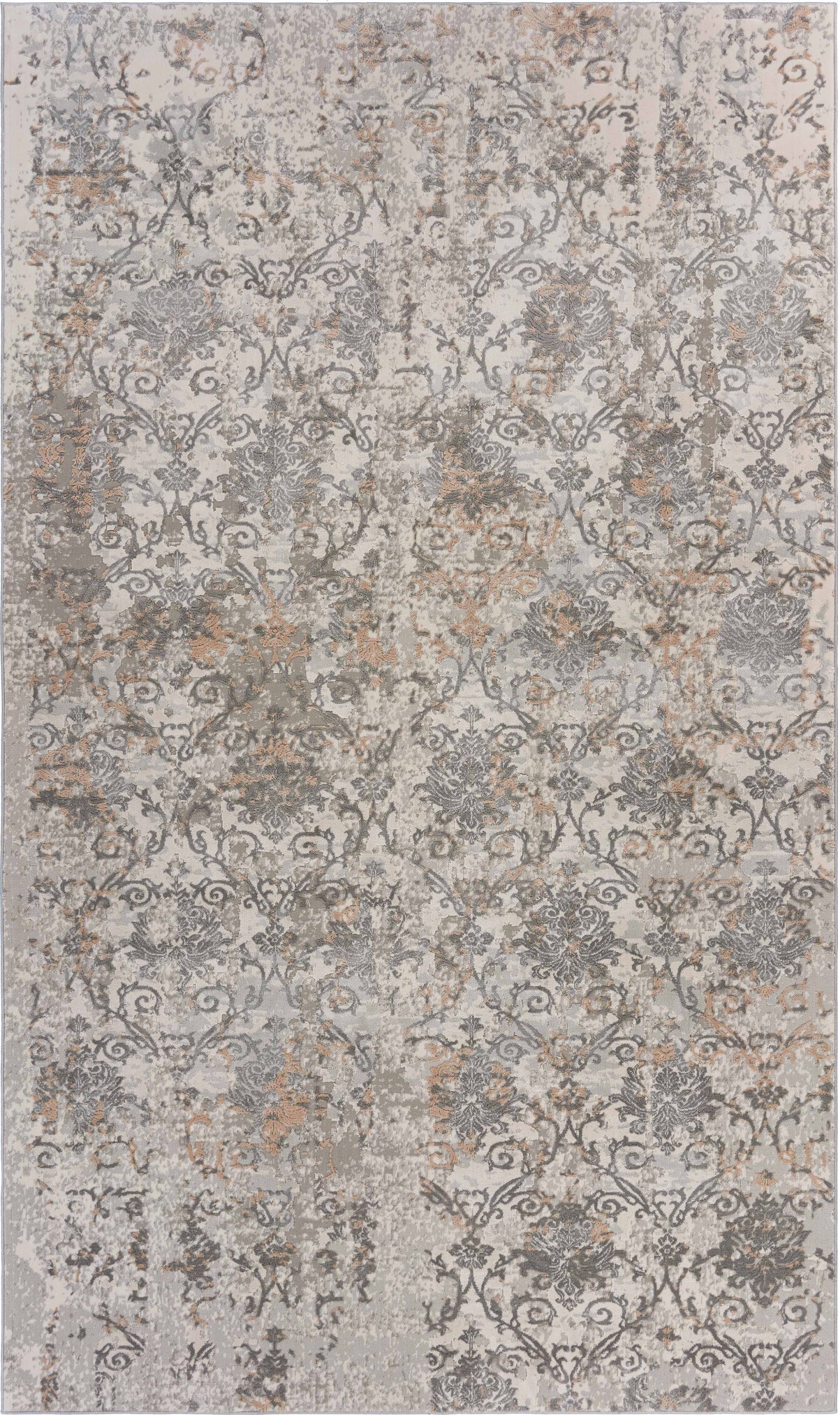 Neutral Distressed Floral Damask Contemporary Accent Rug - Silo view