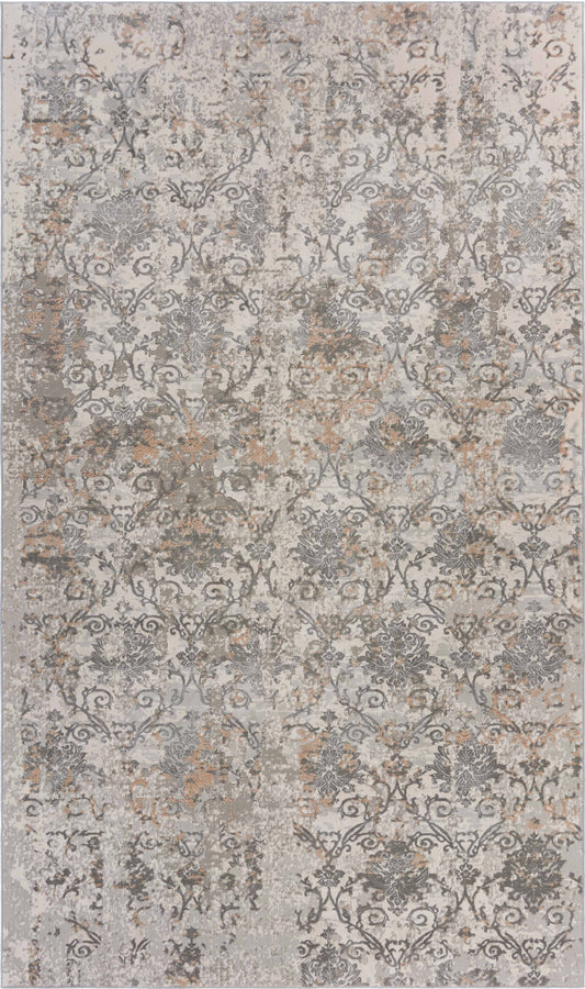 Neutral Distressed Floral Damask Contemporary Accent Rug - Silo view