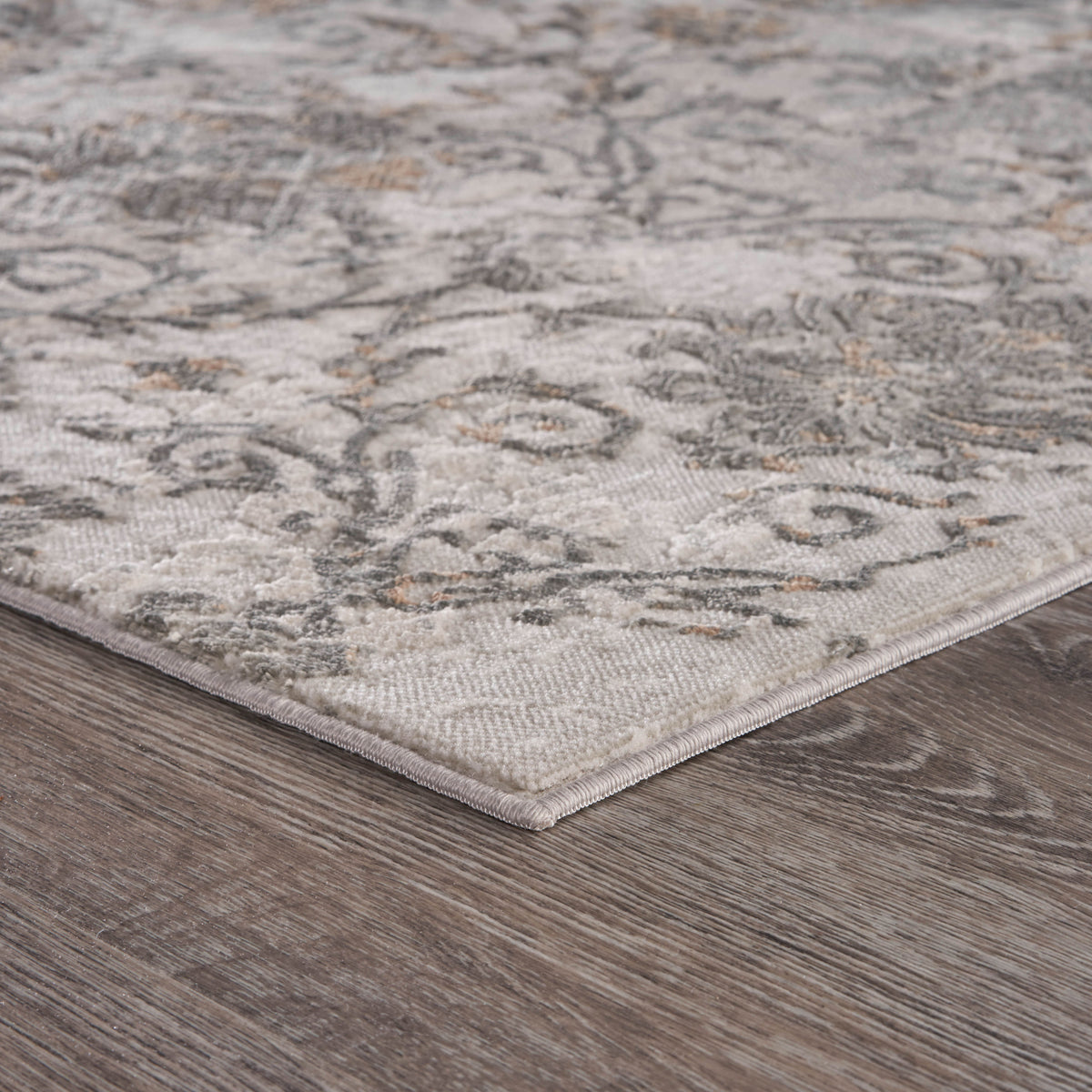 Neutral Distressed Floral Damask Contemporary Accent Rug - side angle view