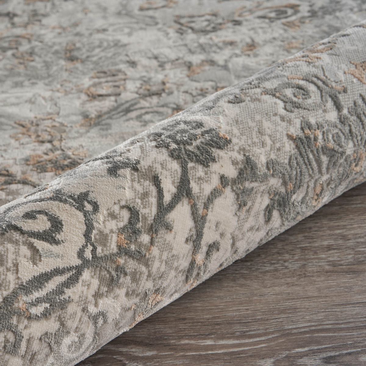 Neutral Distressed Floral Damask Contemporary Accent Rug - corner view