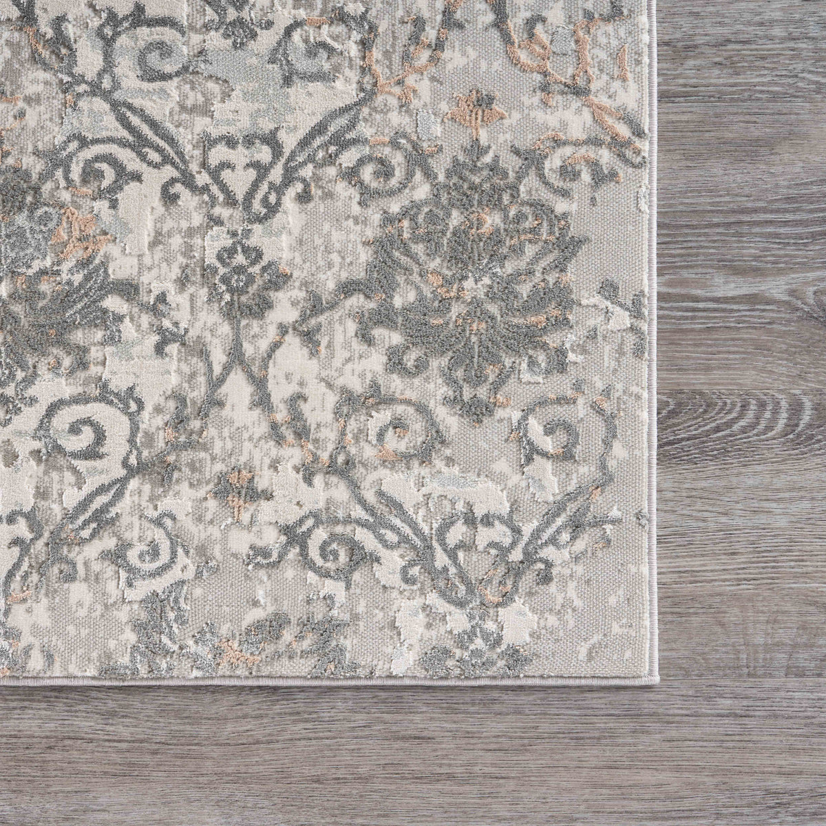Neutral Distressed Floral Damask Contemporary Accent Rug - back view