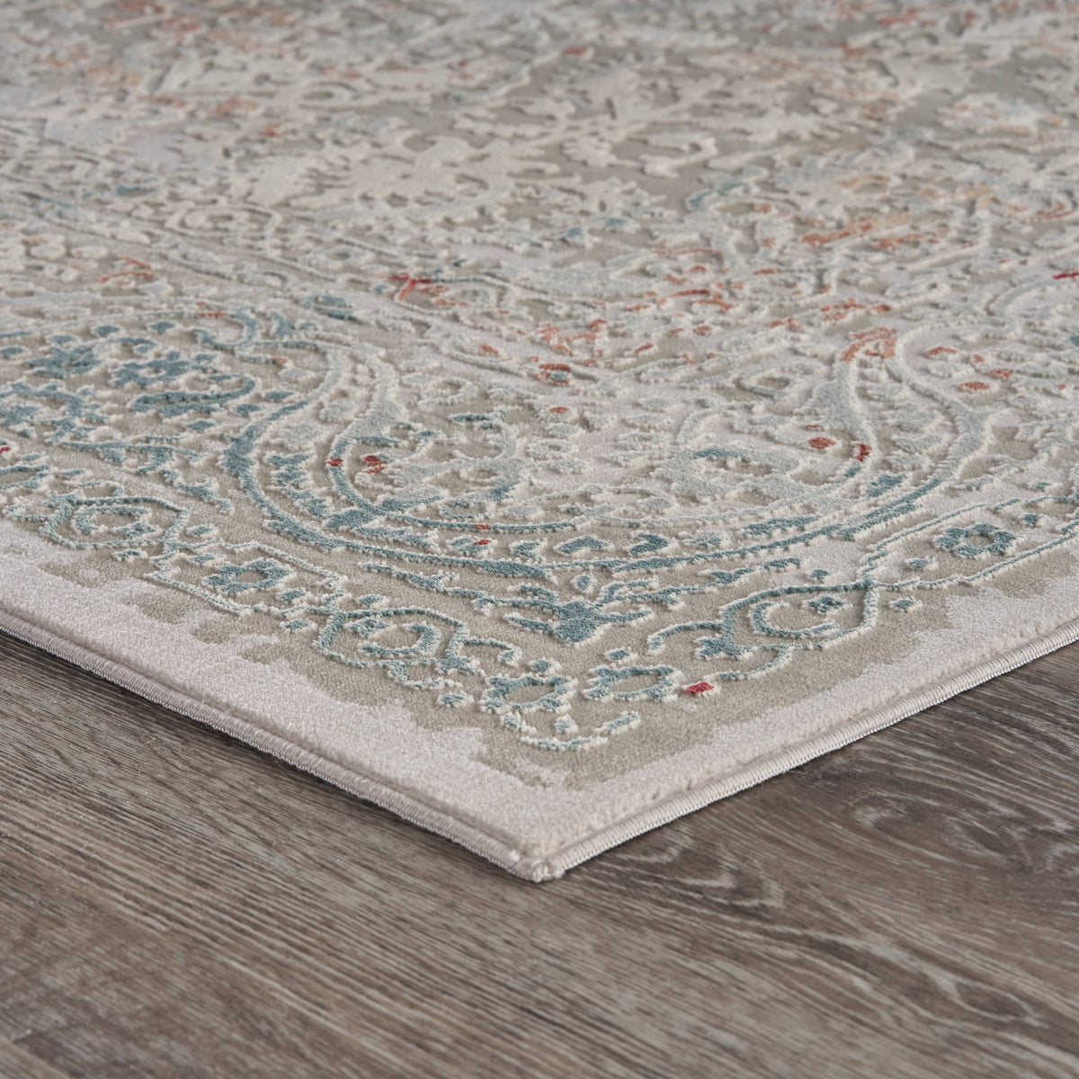 Neutral Distressed Contemporary Oriental Area Rug - side angle view
