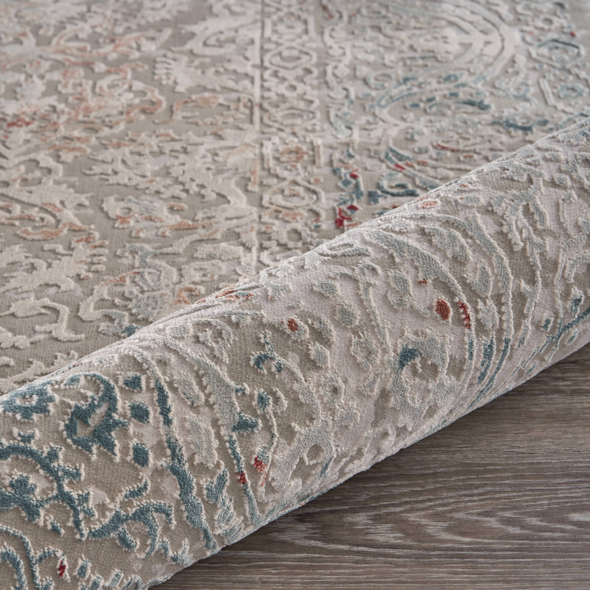 Neutral Distressed Contemporary Oriental Area Rug - corner view