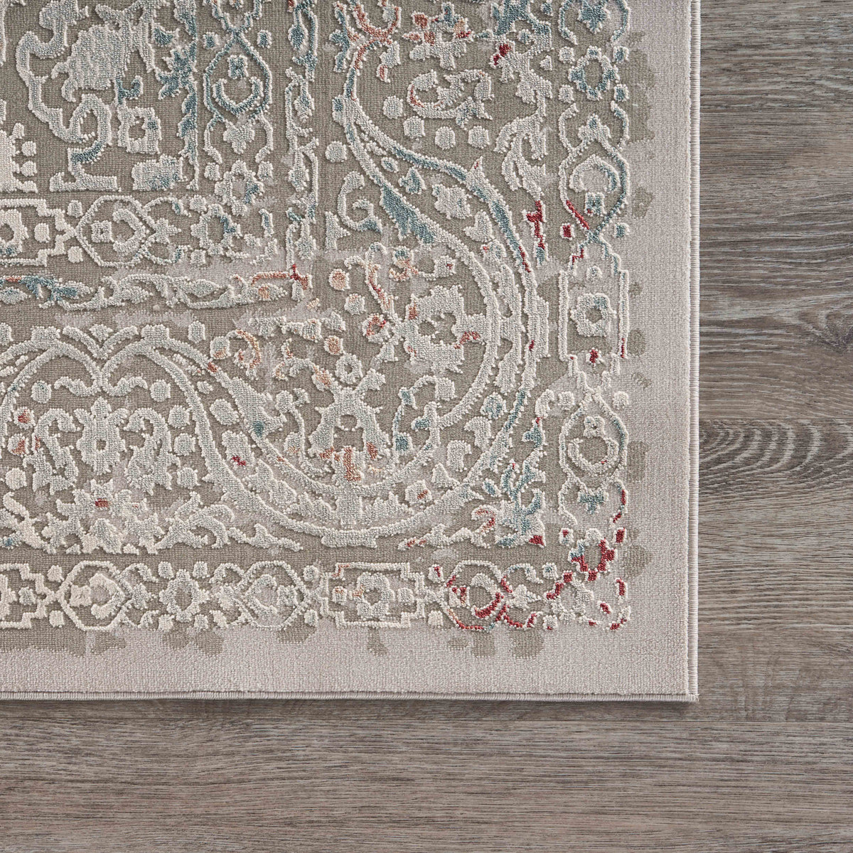 Neutral Distressed Contemporary Oriental Area Rug - back view