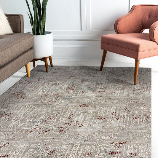 Imagine-81516 Modern Power-Loomed Gray/Ivory/Slate Blue/Wine Red Cotton Indoor Area Rug - LR Home