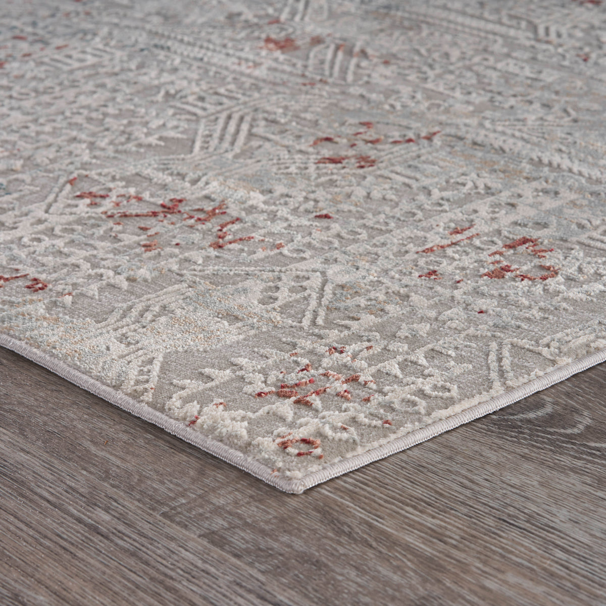Neutral Distressed Geometric Contemporary Runner Rug - side angle view