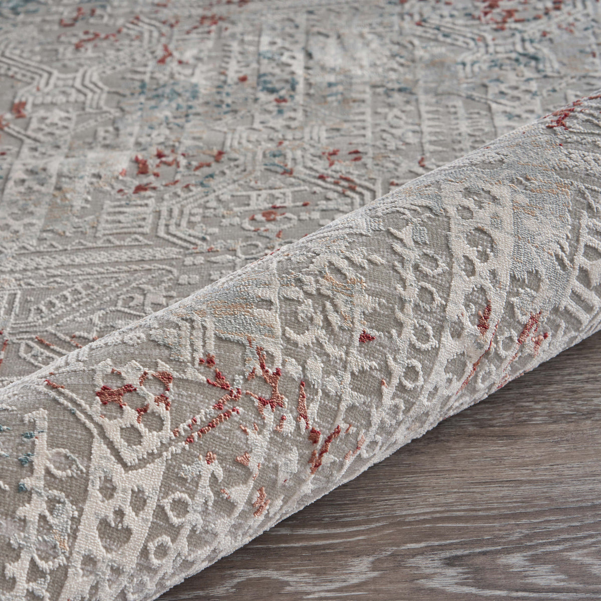 Neutral Distressed Geometric Contemporary Runner Rug - corner view