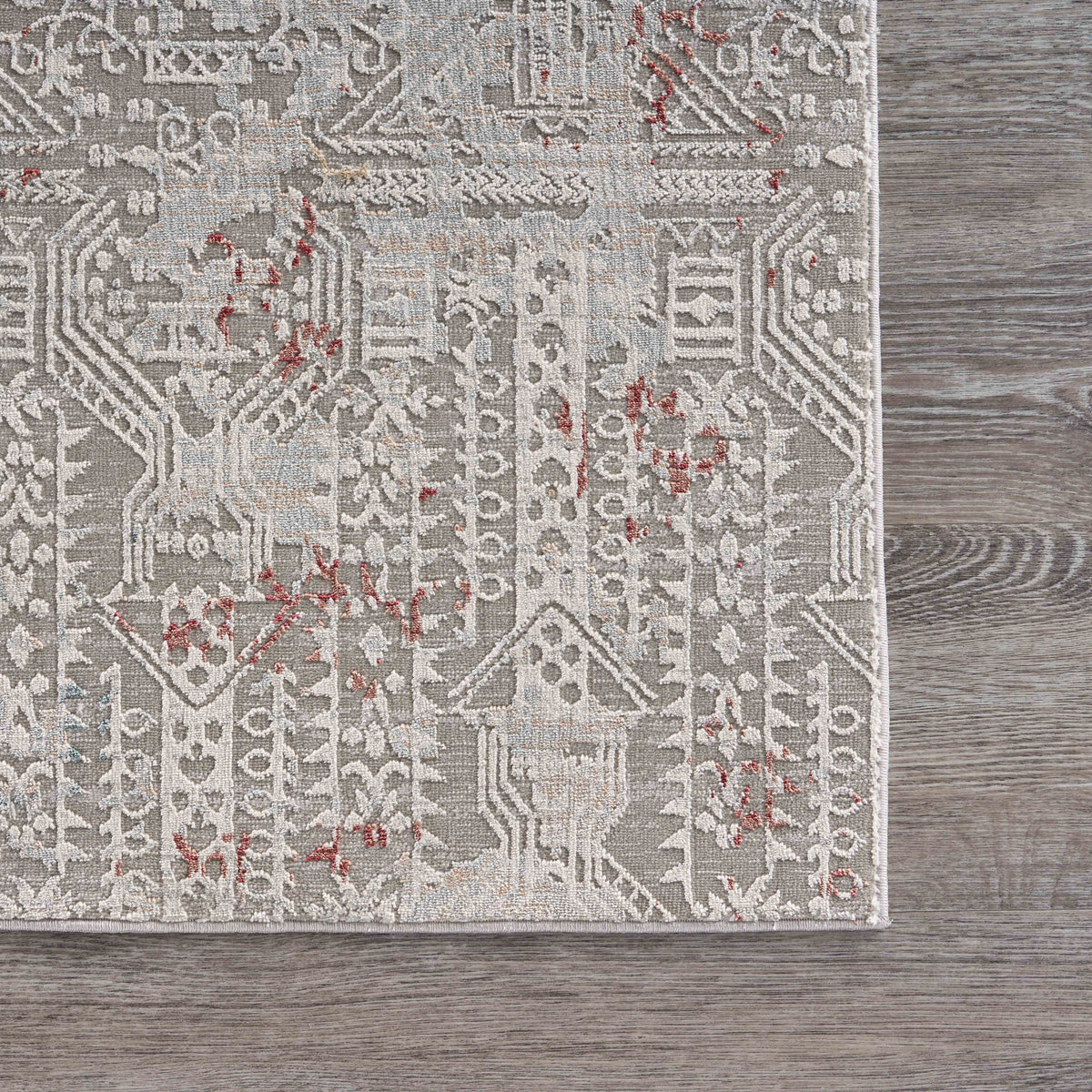 Neutral Distressed Geometric Contemporary Runner Rug - back view