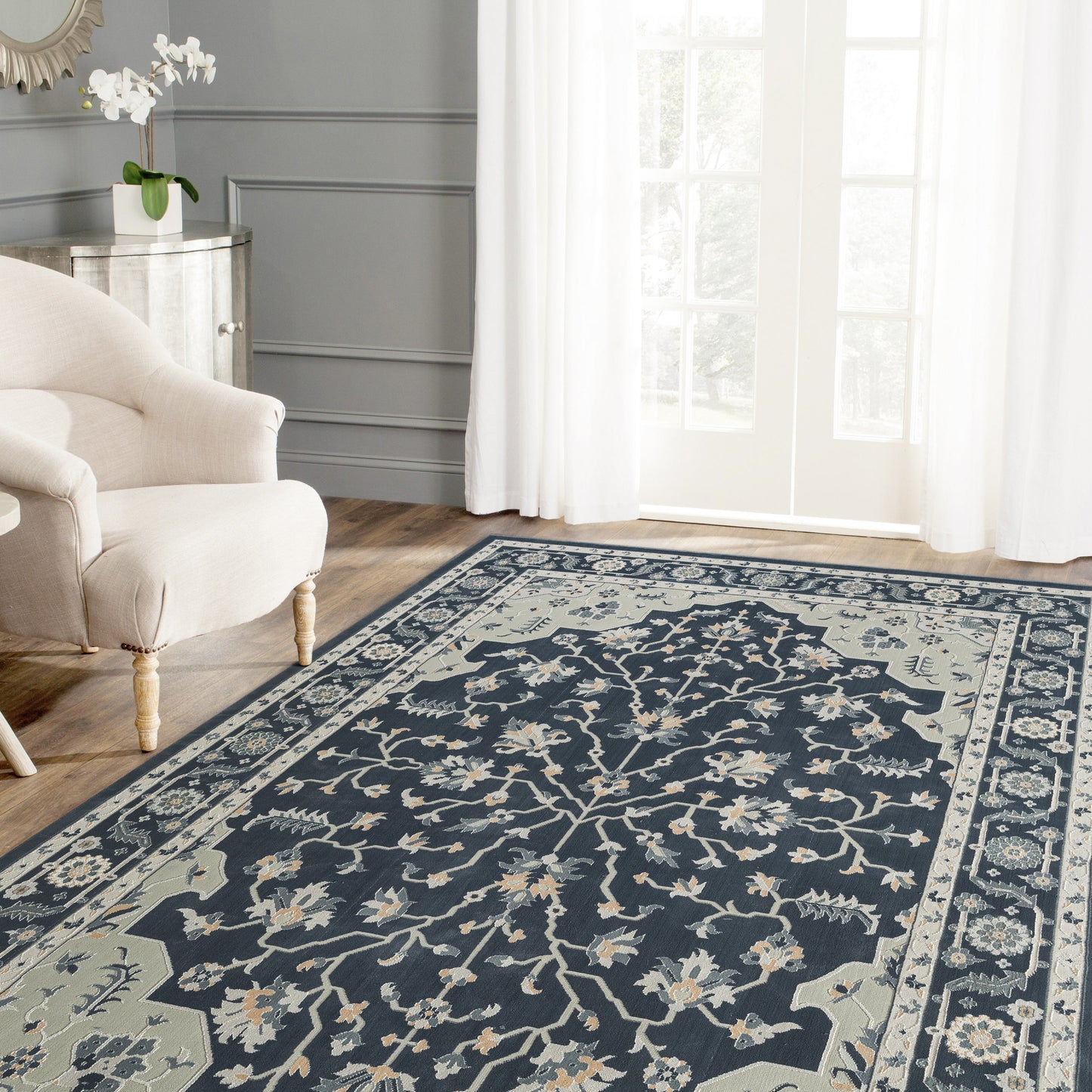 Imagine-81523 Traditional Power-Loomed Navy/Light Gray/Cream Cotton Indoor Area Rug - LR Home