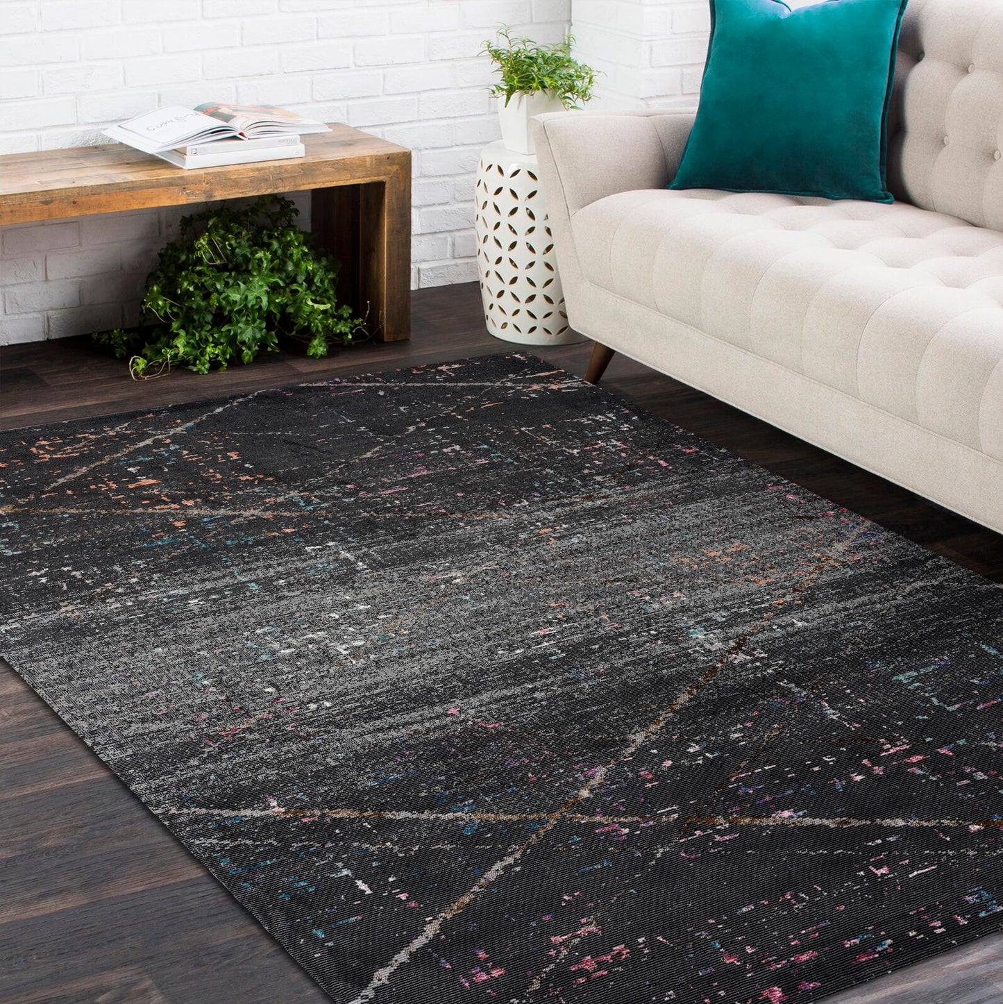 IMPLS-81852 Modern/Contemporary Machine Made Charcoal/Pink/Orange/Blue Poly Blend Indoor Area Rugs - LR Home